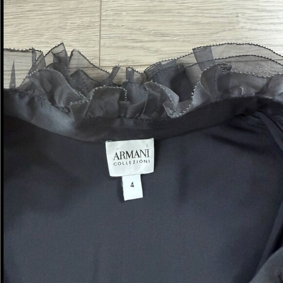 Armani Collezioni Gunmetal Gray Silk Ruffled V-Neck Blouse - Picture 5 of 11